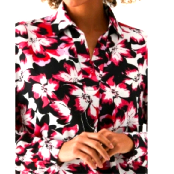 Rafaella Woven Top Relaxed Fit Size M Floral Long Sleeve Pink Black White - Picture 2 of 9